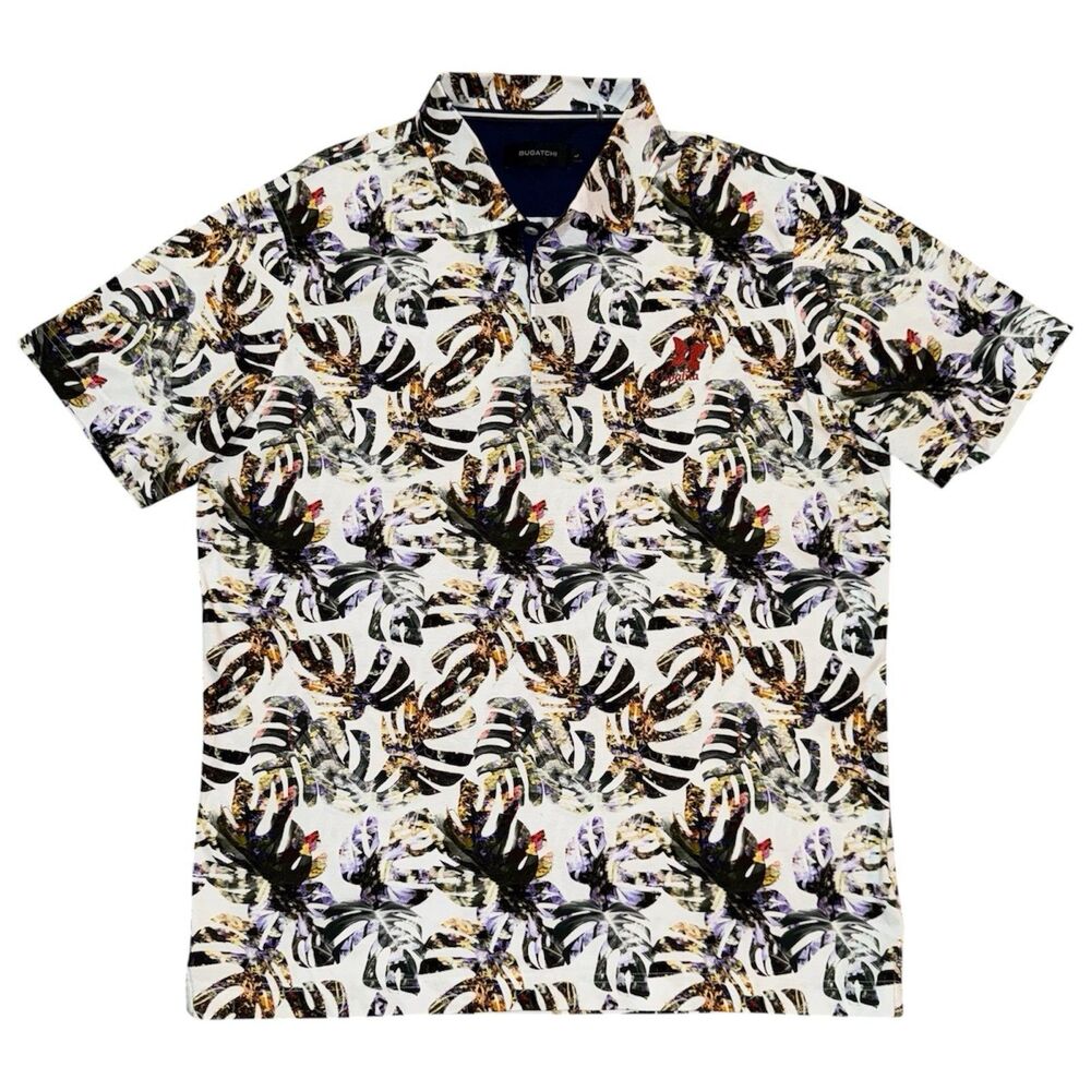 Kapalua Golf Bugatchi Hendrix Palm Leaf Print Polo Shirt Mens Large Hawaiian